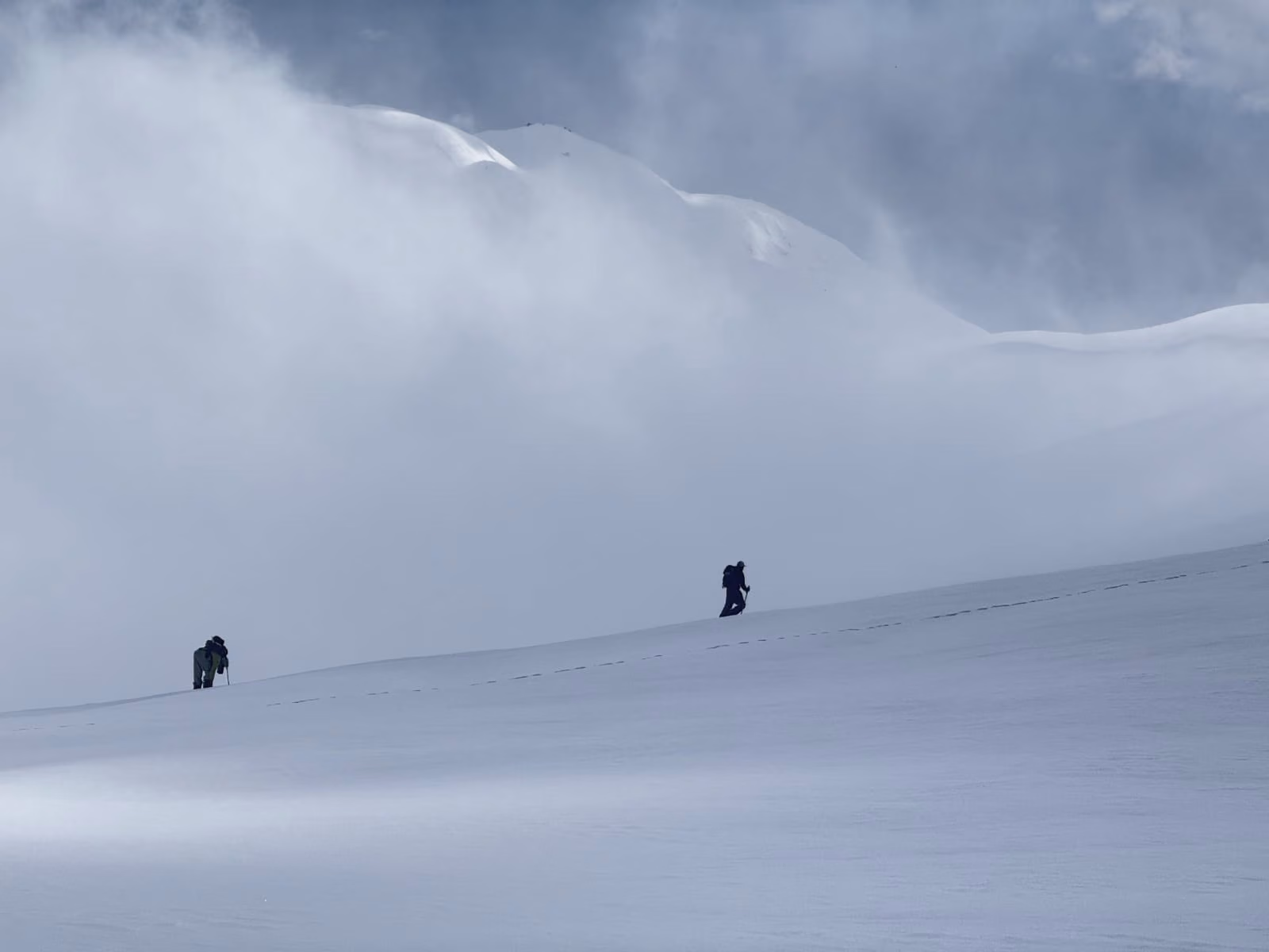 Ski tourers climbing a high snowfield above Gulmarg